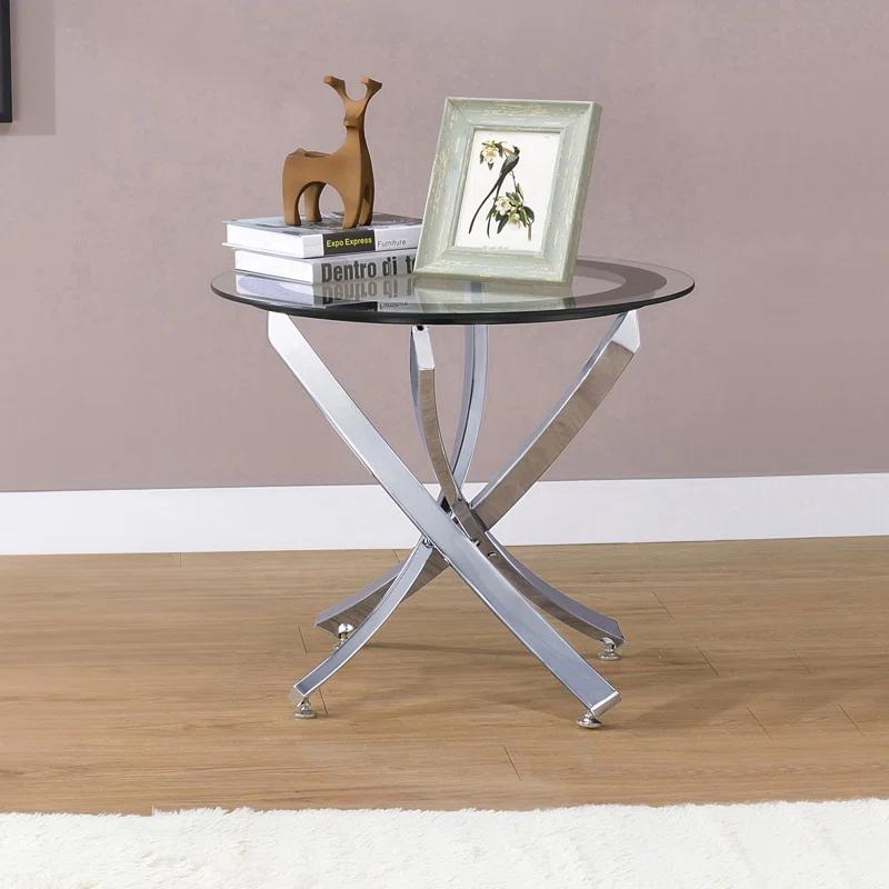 Contemporary Chrome and Black Round Glass Top End Table