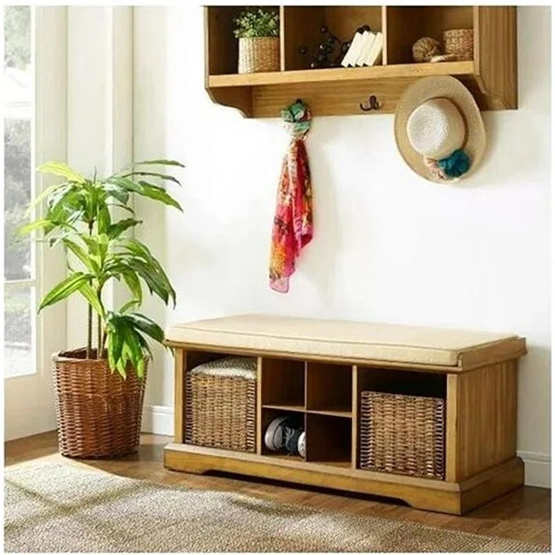 Brennan Natural Wood Entryway Bench with Upholstered Cushion and Storage Baskets