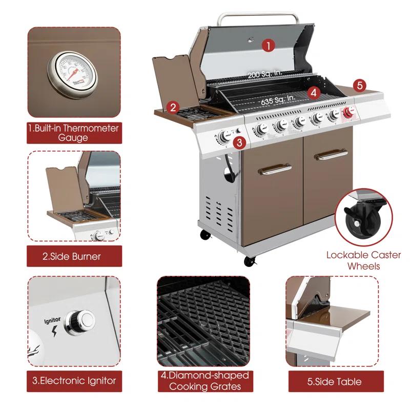 Royal Gourmet 6 - Burner Freestanding Liquid Propane 74000 BTU Gas Grill with Cabinet