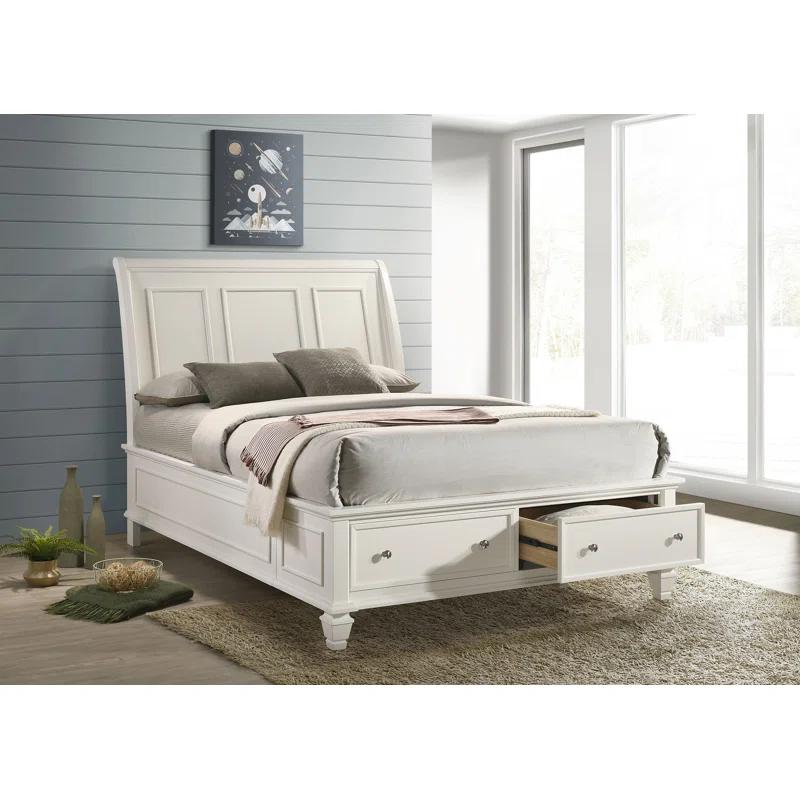 Elegant Transitional Cream White Queen Sleigh Bed with Storage