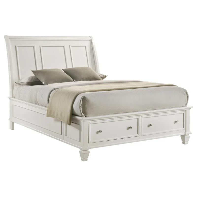 Elegant Transitional Cream White Queen Sleigh Bed with Storage