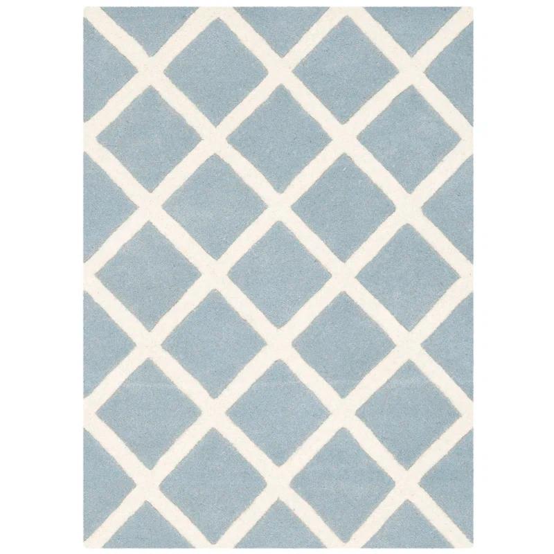 Ivory and Blue Hand-Tufted Wool Geometric Rug