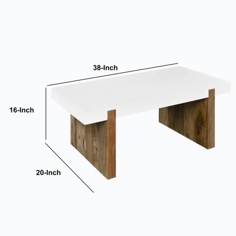 38-Inch Glossy White and Natural Brown Mango Wood Coffee Table