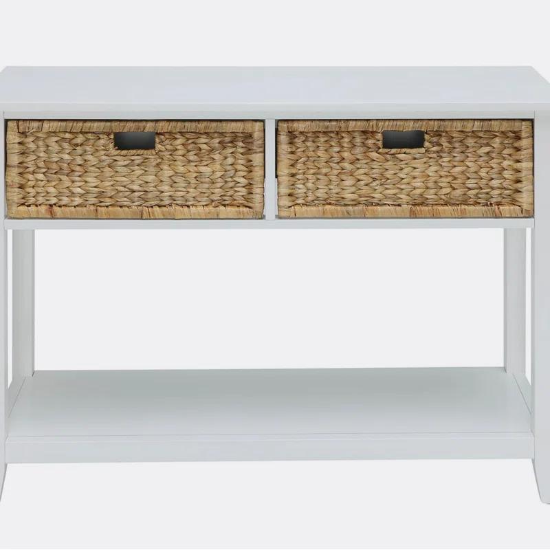 Flavius 44'' White Wood Console Table with Wicker Storage Drawers