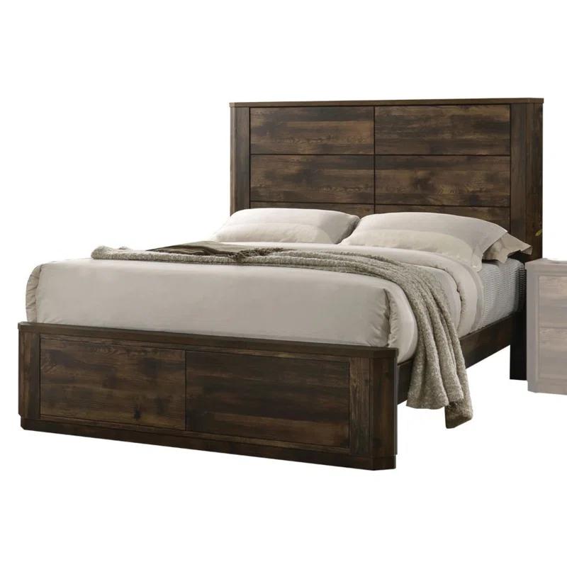 Rustic Brown Queen Wood Platform Bed with Upholstered Headboard