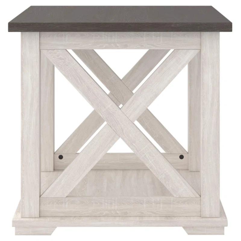 Modern Farmhouse Square End Table with Storage in Beige and White