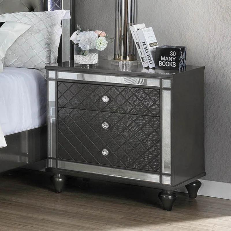 Contemporary Gray Wooden Nightstand with Diamond Mirror Inlay, 3 Drawers