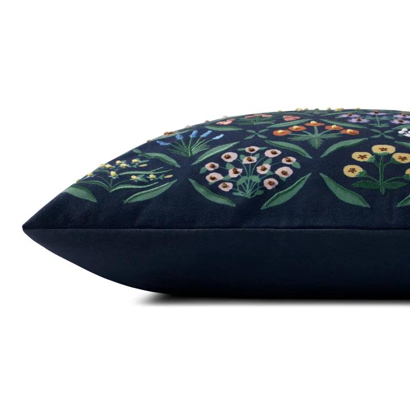 Navy Floral Embroidered Square Cotton Blend Throw Pillow