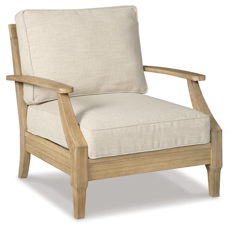 Elegant Beige Eucalyptus Wood Outdoor Lounge Chair with Cushion