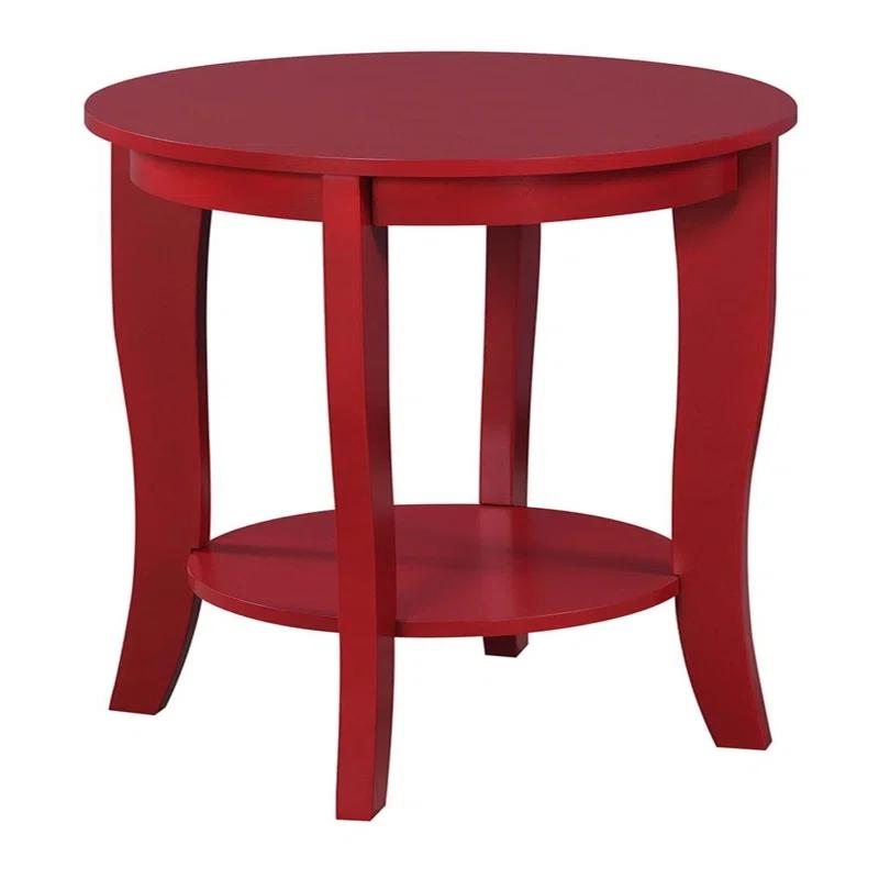 Cranberry Red Round Wooden End Table with Storage Shelf