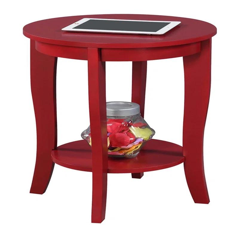 Cranberry Red Round Wooden End Table with Storage Shelf