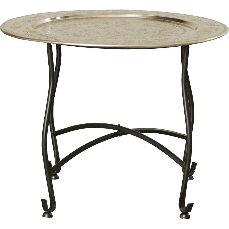 Moroccan Vineyard-Inspired Round Aluminum Tray Table in Silver and Black