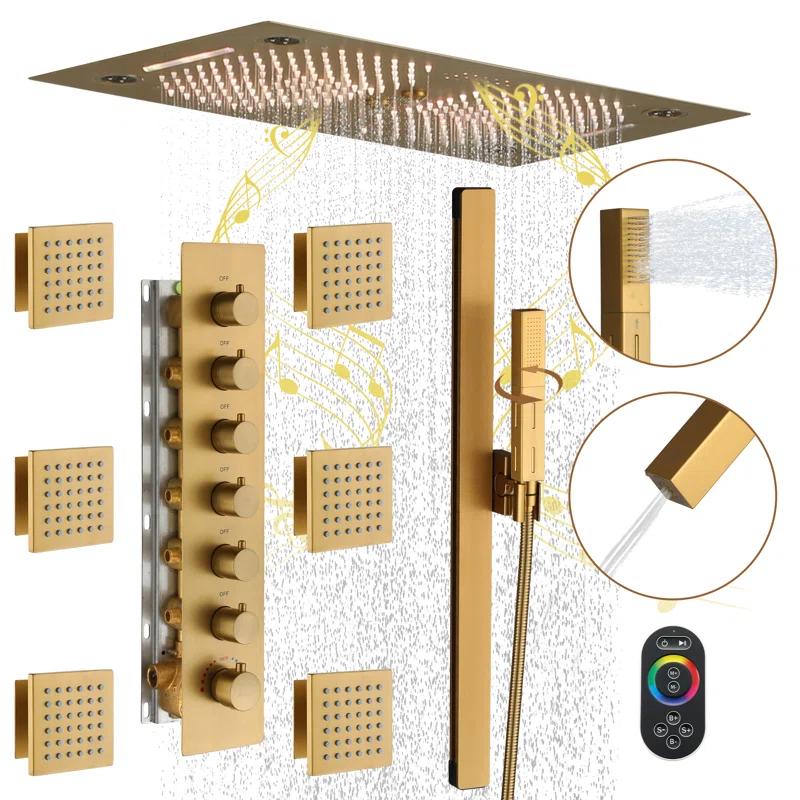 Rodeo 27.5-Inch LED&Music Rainfall Thermostatic Shower System with Slide Bar and 2-in-1 Handheld