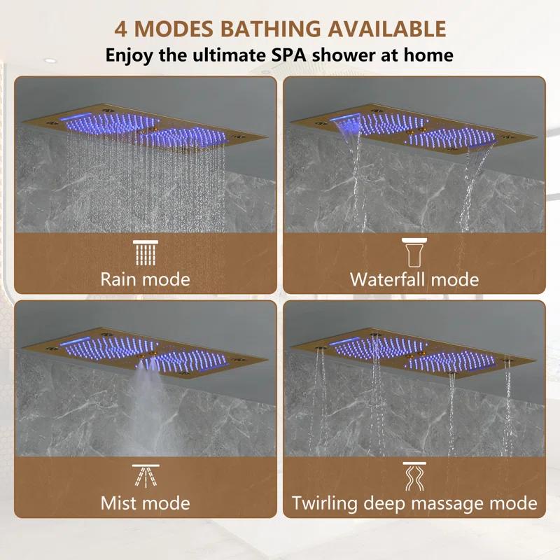 Rodeo 27.5-Inch LED&Music Rainfall Thermostatic Shower System with Slide Bar and 2-in-1 Handheld