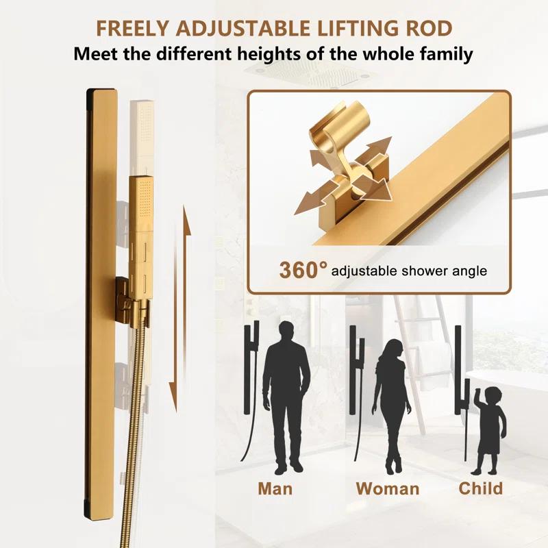 Rodeo 27.5-Inch LED&Music Rainfall Thermostatic Shower System with Slide Bar and 2-in-1 Handheld