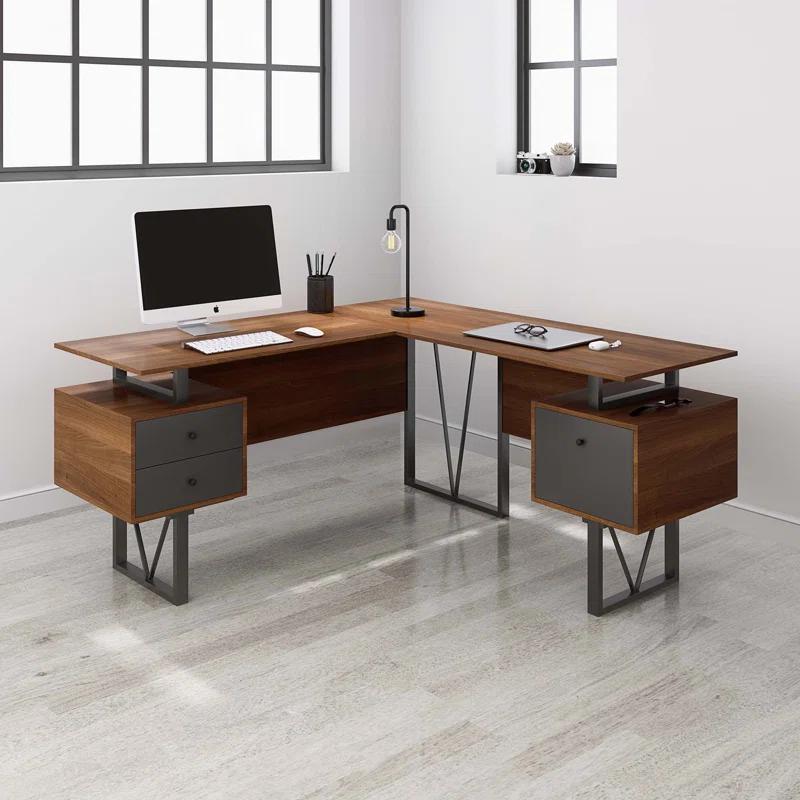 Gray L-Shaped Computer Desk with Drawers and File Cabinet