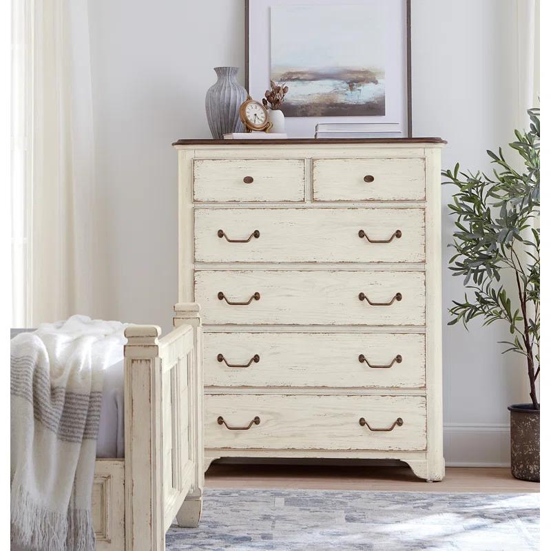 Rustic Cream and Brown 6-Drawer Oak Dresser