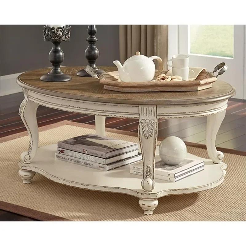 Antiqued Two-Tone Oval Wood Coffee Table with Cabriole Legs