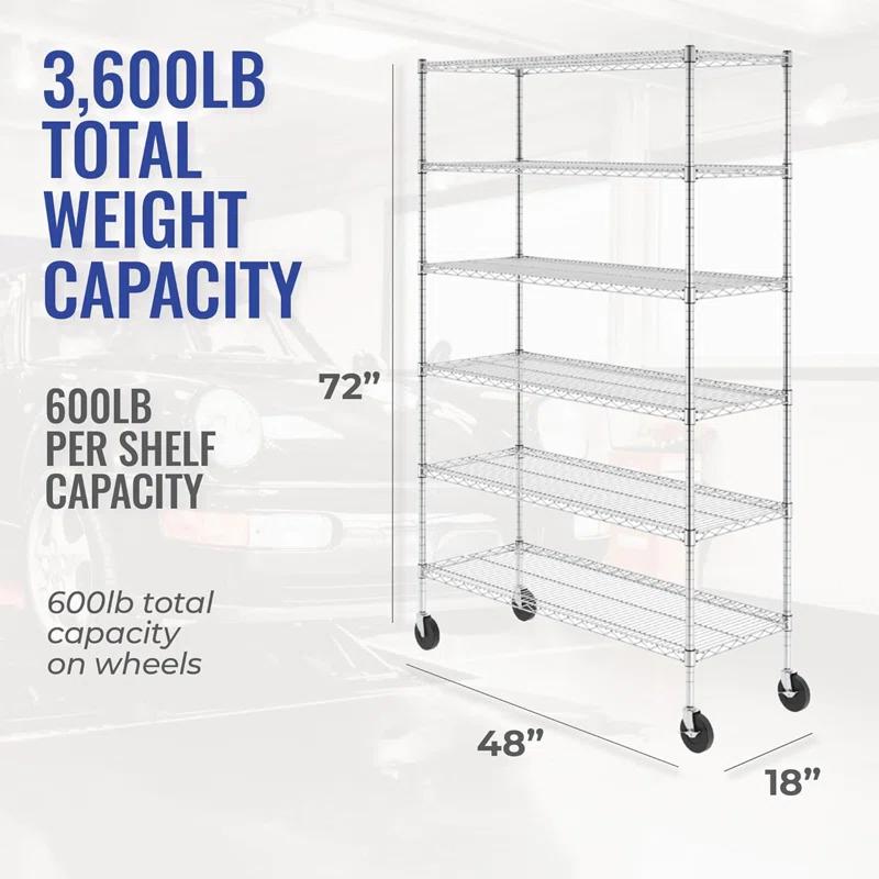 Versatile 6-Tier Zinc-Plated Steel Wire Shelving Unit with Wheels, 48x18x72