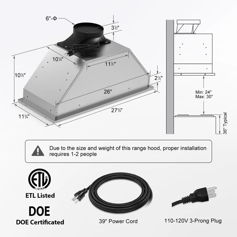 PowerFlow Series 30" 900 CFM Convertible Insert Range Hood Digital Control Panel with Baffle Filter Charcoal Filter and LED Light Stainless Steel Silver