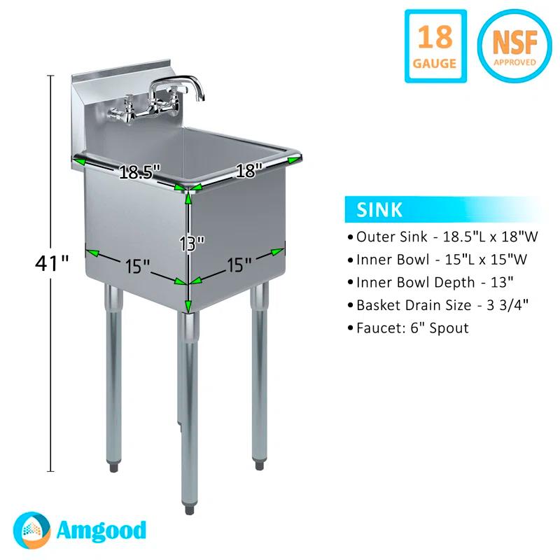Stainless Steel Utility Sink with Faucet (Bowl Size: 15" X 15"). Restaurant, Kitchen, Laundry. NSF