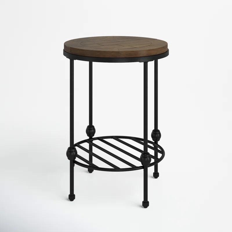 Transitional Emery 22" Round Wood & Metal Mirrored End Table in Black/Brown