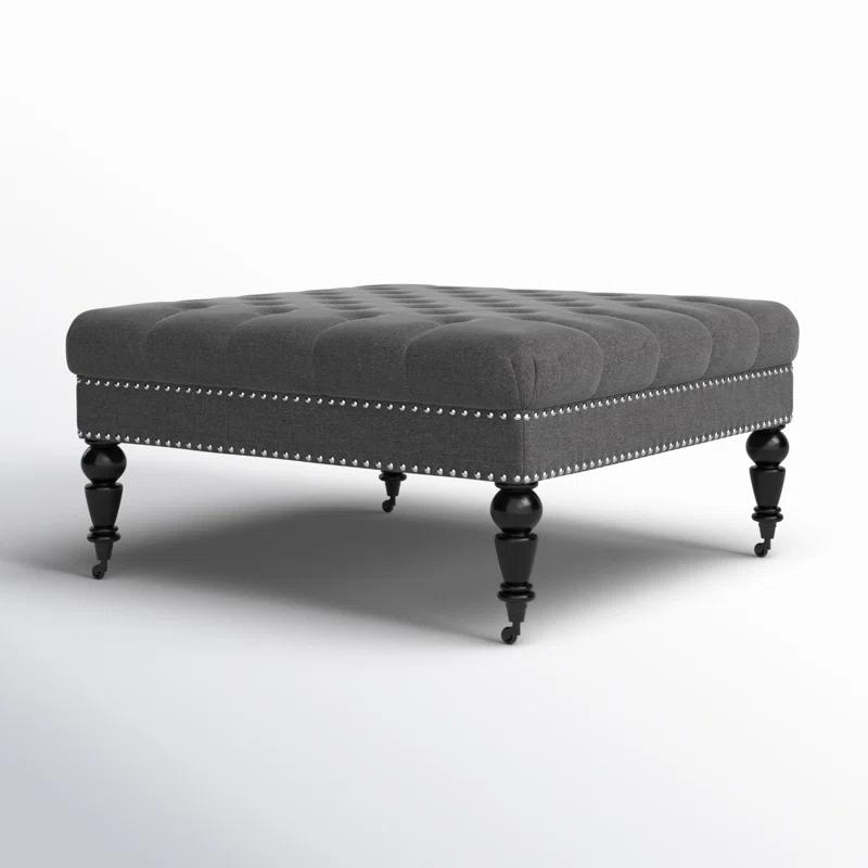 Isabelle Charcoal Linen 35" Square Tufted Ottoman with Nailhead Trim