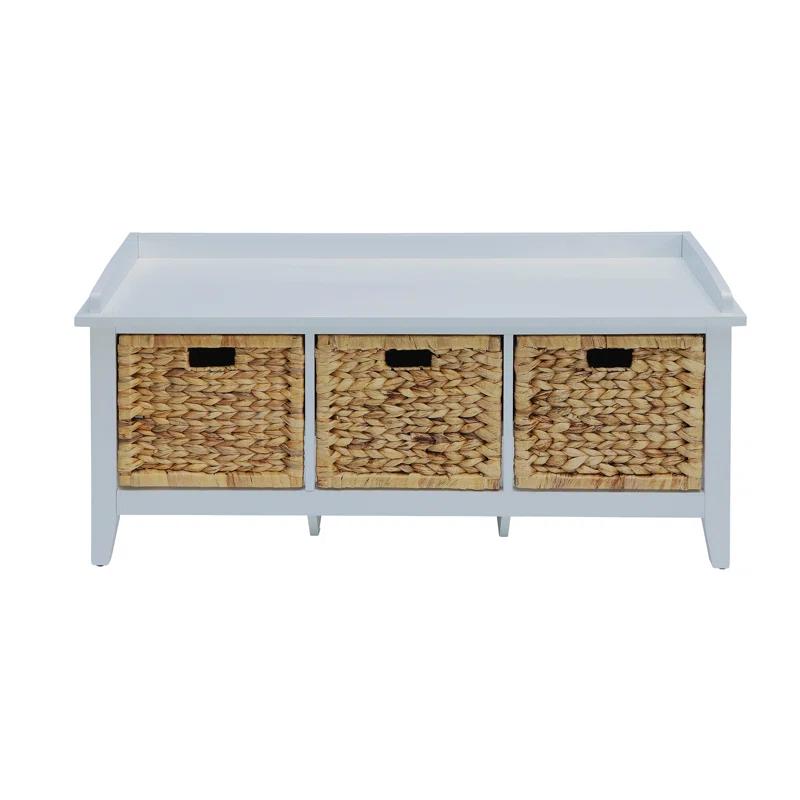 White Wood and Rattan Storage Bench with Drawers