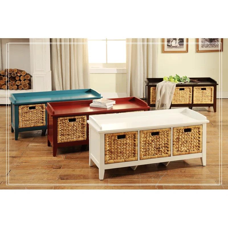 White Wood and Rattan Storage Bench with Drawers