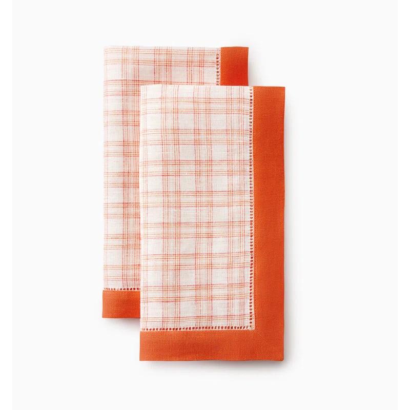 Tangerine Linen Plaid Dinner Napkins, 20" x 20" Set of 4
