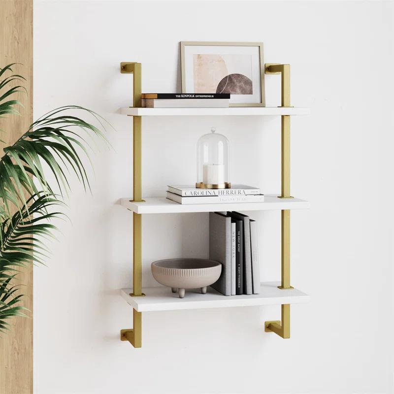 Theo 29.5" White and Gold Floating Wall Mount 3-Shelf Bookcase
