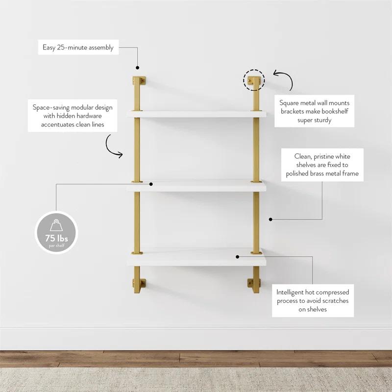 Theo 29.5" White and Gold Floating Wall Mount 3-Shelf Bookcase