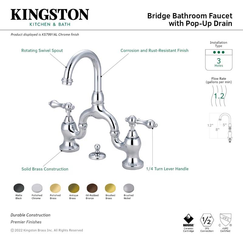 Kingston Brass English Country Two-Handle 3-Hole Deck Mount Bridge Bathroom Faucet with Brass Pop-Up