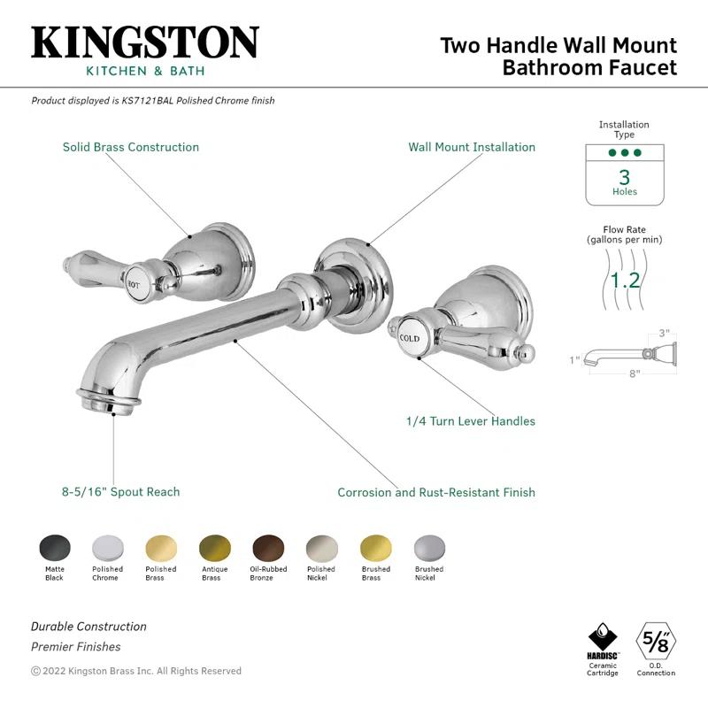 Kingston Brass Heirloom Two-Handle 3-Hole Wall Mount Bathroom Faucet