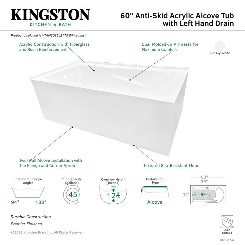 Kingston Brass Aqua Eden 60-Inch Acrylic Rectangular 2-Wall Corner Alcove Tub, Hand Drain