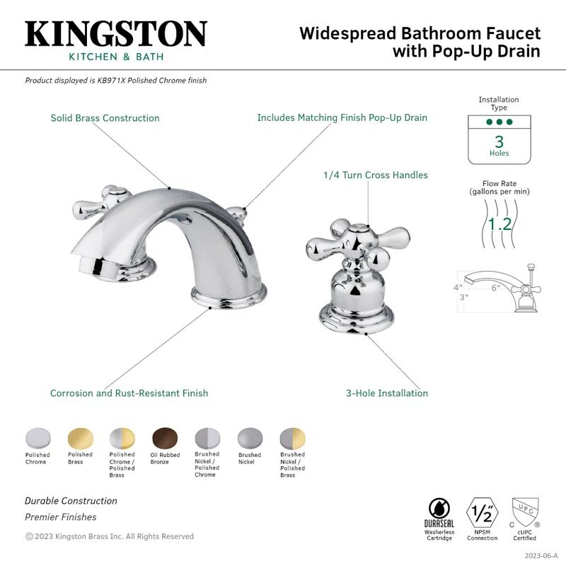 Kingston Brass Victorian Two-Handle 3-Hole Deck Mount Widespread Bathroom Faucet with Retail Pop-Up Drain