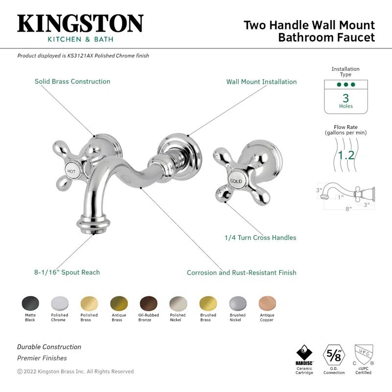 Kingston Brass Vintage Two-Handle 3-Hole Wall Mount Bathroom Faucet