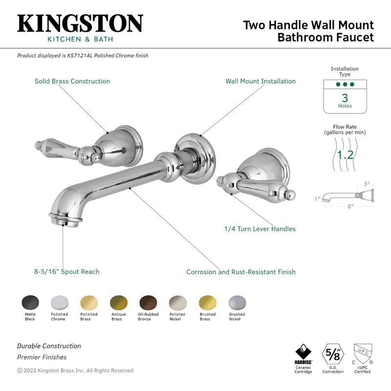 Kingston Brass English Country Two-Handle 3-Hole Wall Mount Bathroom Faucet