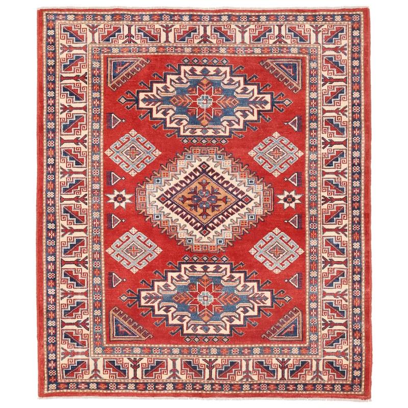 Rustic Ivory and Rust Hand-Knotted Wool Area Rug, 4'11" x 5'11"