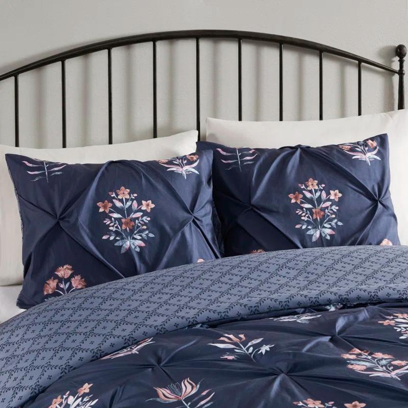 Navy Floral Pintuck Cotton Full/Queen Bedspread Set