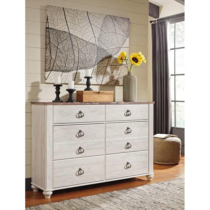Coastal Retreat Whitewashed 6-Drawer Dresser with Plank-Style Top