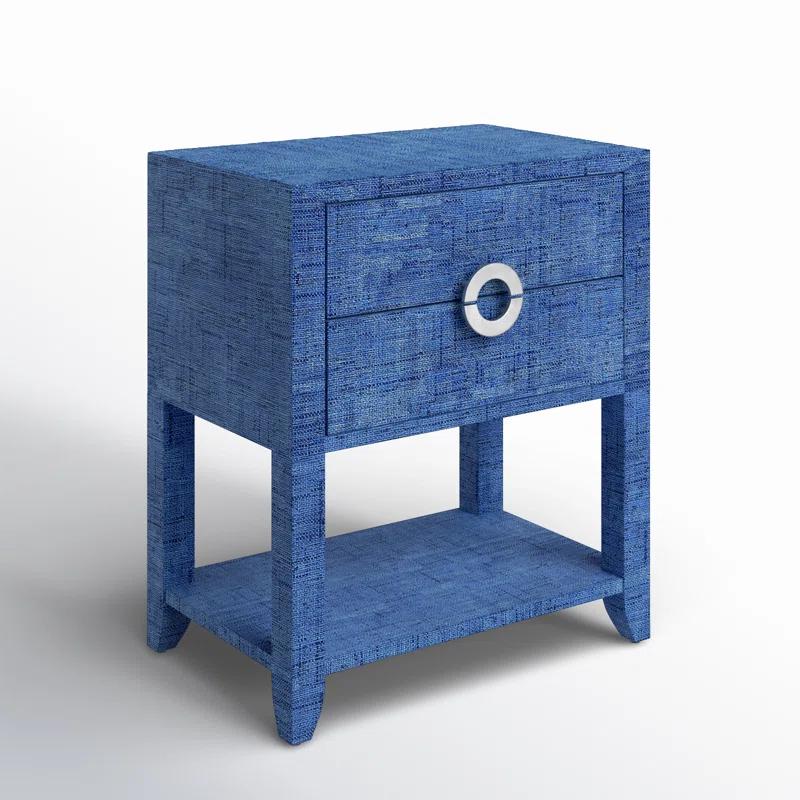 Amelle Blue Raffia 2-Drawer Nightstand with Silver Pulls