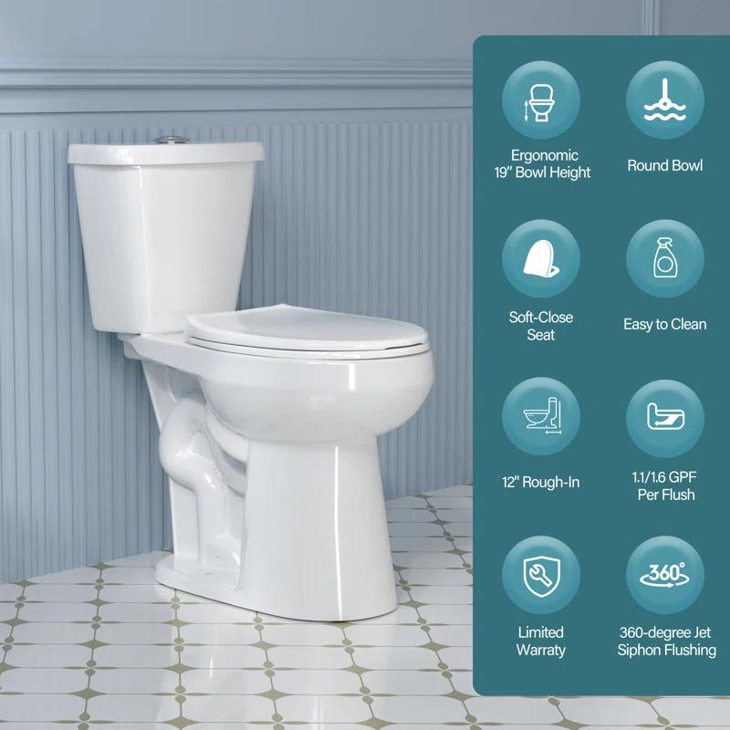19 in. 2-Piece Toilet 1.1/1.6 GPF Dual Flush Round White Toilet ADA Height with Soft-Close Seat