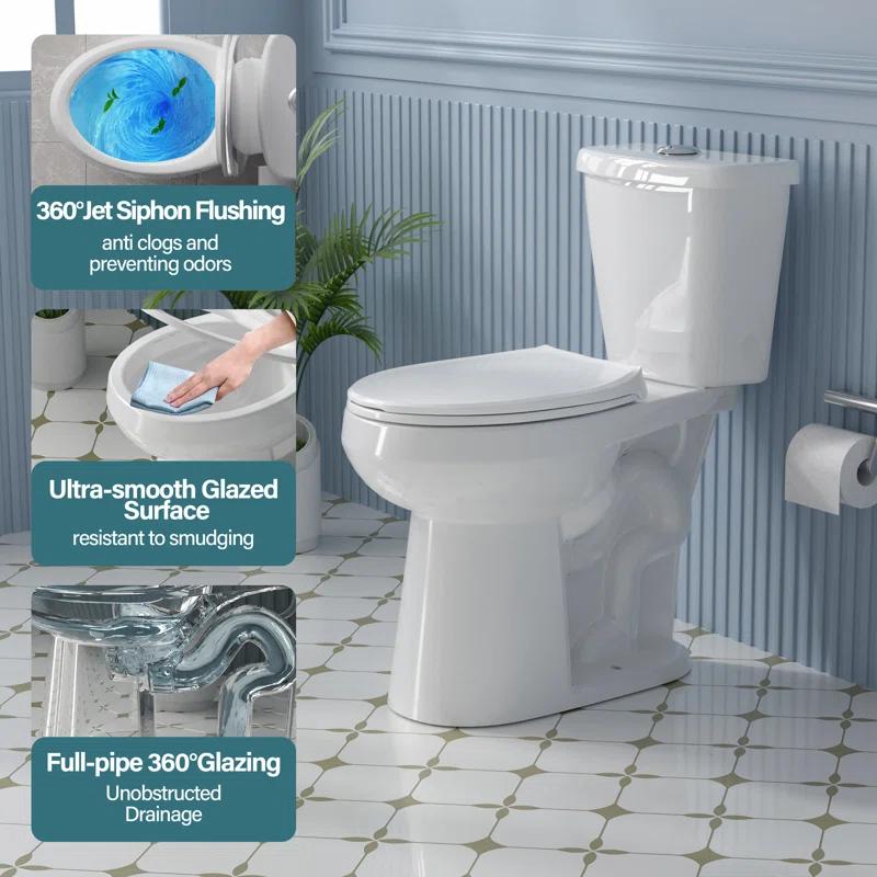 19 in. 2-Piece Toilet 1.1/1.6 GPF Dual Flush Round White Toilet ADA Height with Soft-Close Seat