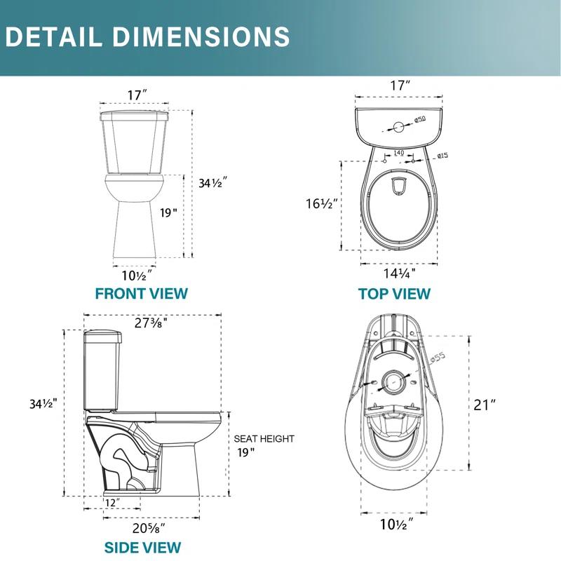 19 in. 2-Piece Toilet 1.1/1.6 GPF Dual Flush Round White Toilet ADA Height with Soft-Close Seat