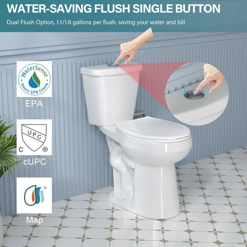 19 in. 2-Piece Toilet 1.1/1.6 GPF Dual Flush Round White Toilet ADA Height with Soft-Close Seat