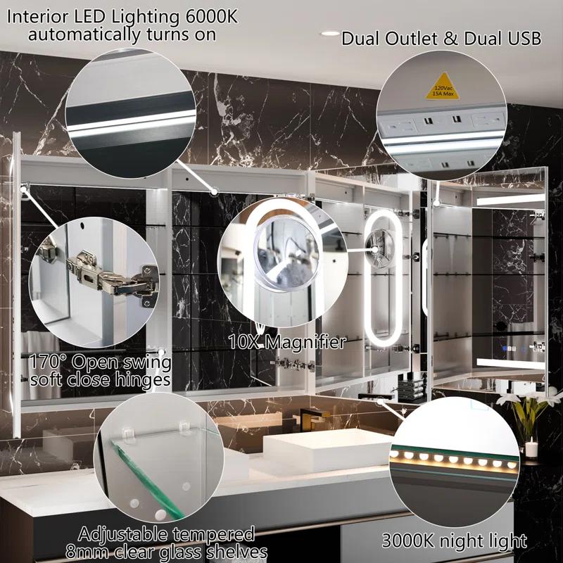 MEDUNJESS 72''x36'' Surface or Recessed Mount LED Medicine Cabinet with Mirror and Defogger 3 doors Medicine Cabinet