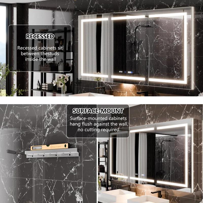 MEDUNJESS 72''x36'' Surface or Recessed Mount LED Medicine Cabinet with Mirror and Defogger 3 doors Medicine Cabinet