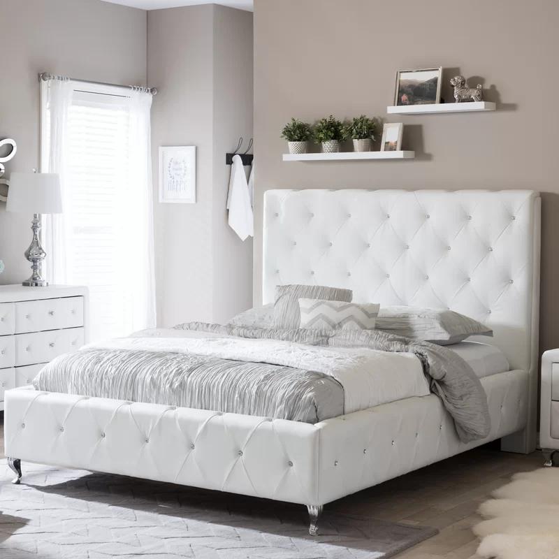 Stella Crystal-Tufted White Faux Leather King Platform Bed