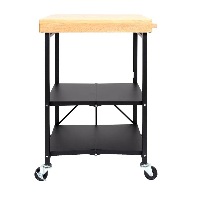 Black Foldable Kitchen Island Cart with Wood Top